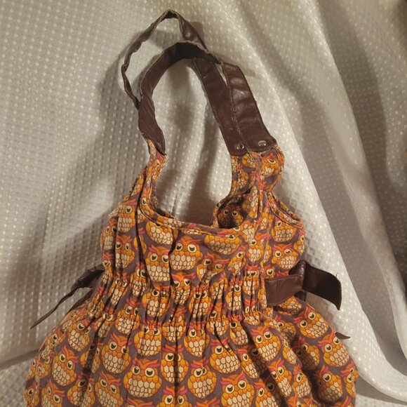HOOT OWL Pattern Canvas FABRIC Shoulder Bag Purse Orange Burgandy 10 x14 x 6 - Picture 7 of 7